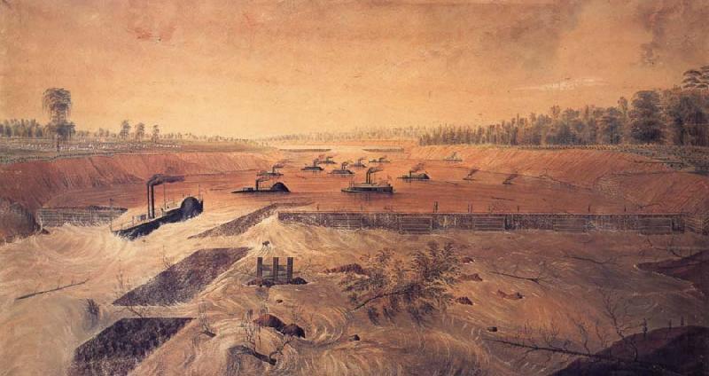James Madison Alden Admiral Porter-s Gunboats Passing the Red River Dam oil painting image